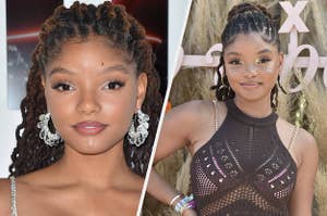 Halle Bailey wears a silver dress with matching hoop earrings. She also appears in a brown crotchet dress with a pink bralette underneath.