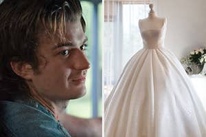 On the left, Steve from Stranger Things looking ahead, lovingly, and on the right, a wedding dress with a big skirt on a mannequin