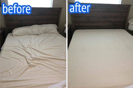 a before and after photo for bed sheet fasteners