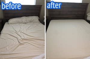 a before and after photo for bed sheet fasteners