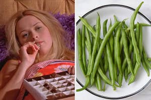 On the left, Elle Woods eating some chocolates from a box while she lies in bed, and on the right, some green beans on a plate