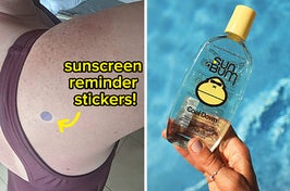 reviewer wearing sunscreen reminder stickers / model holding Sun Bum cool down aloe gel