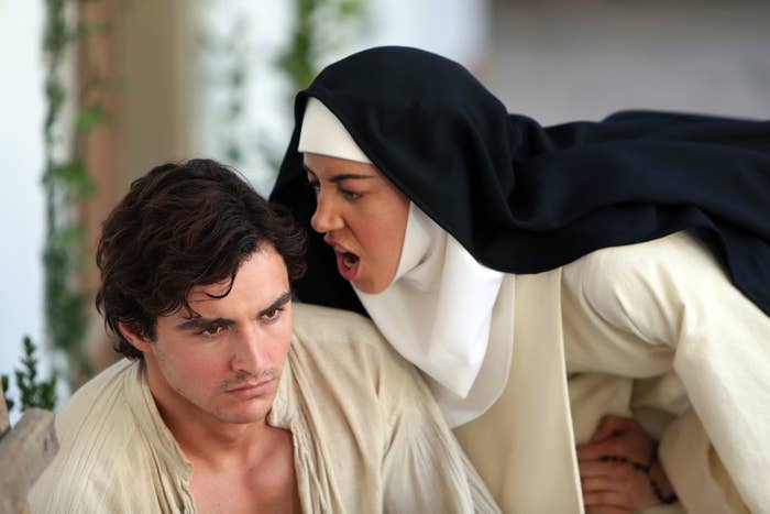 A nun is screaming at a man