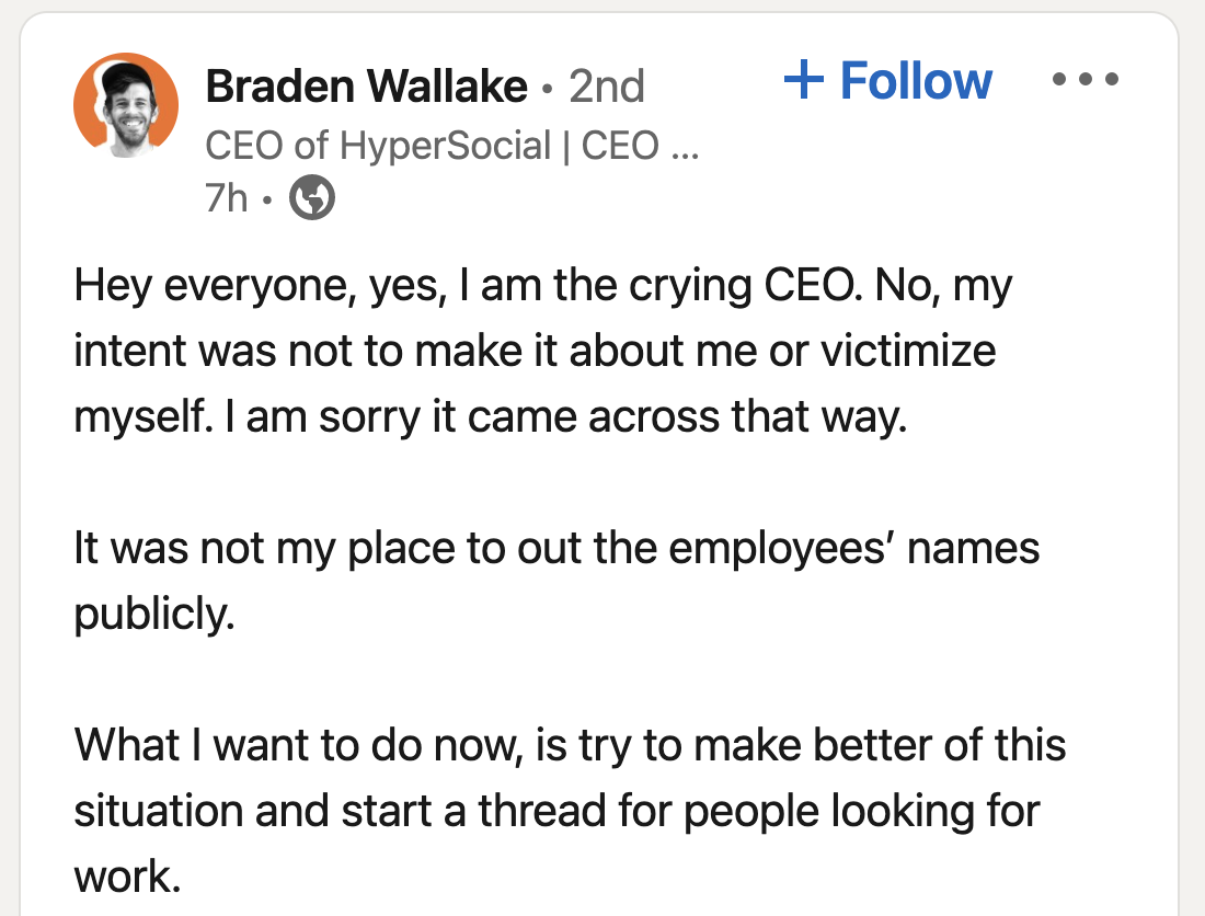 post from Braden saying it wasn&#x27;t his intent to make it about himself and he&#x27;s starting a thread for people who are looking for work