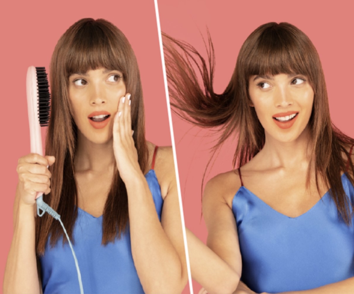 A side-by-side photo of a person holding the heated straightening tool playing with their hair