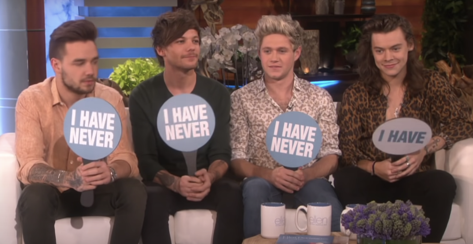 The members of One Direction hold signs to indicate their answers; Harry&#x27;s says &quot;I have&quot; while all the other say &quot;I have never&quot;