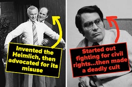 Henry Heimlich captioned "Invented the Heimlich, then advocated for its misuse" and jim jones captioned "started out fighting for civil rights...then made a deadly cult"