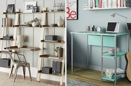 a layered desk and a spearmint student desk 