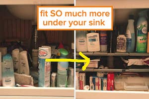 reviewer's pic of lots of products crammed underneath a bath sink, the same area with organizing shelves