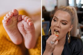 On the left, some baby feet on a blanket, and on the right, Khloe Kardashian eating some chips