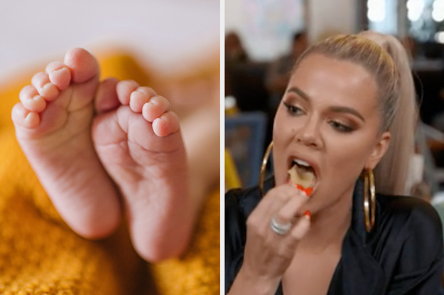 On the left, some baby feet on a blanket, and on the right, Khloe Kardashian eating some chips