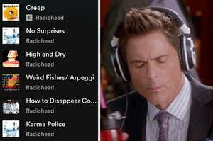 A Radiohead Spotify playlist and a close up of Rob Lowe wearing headphones