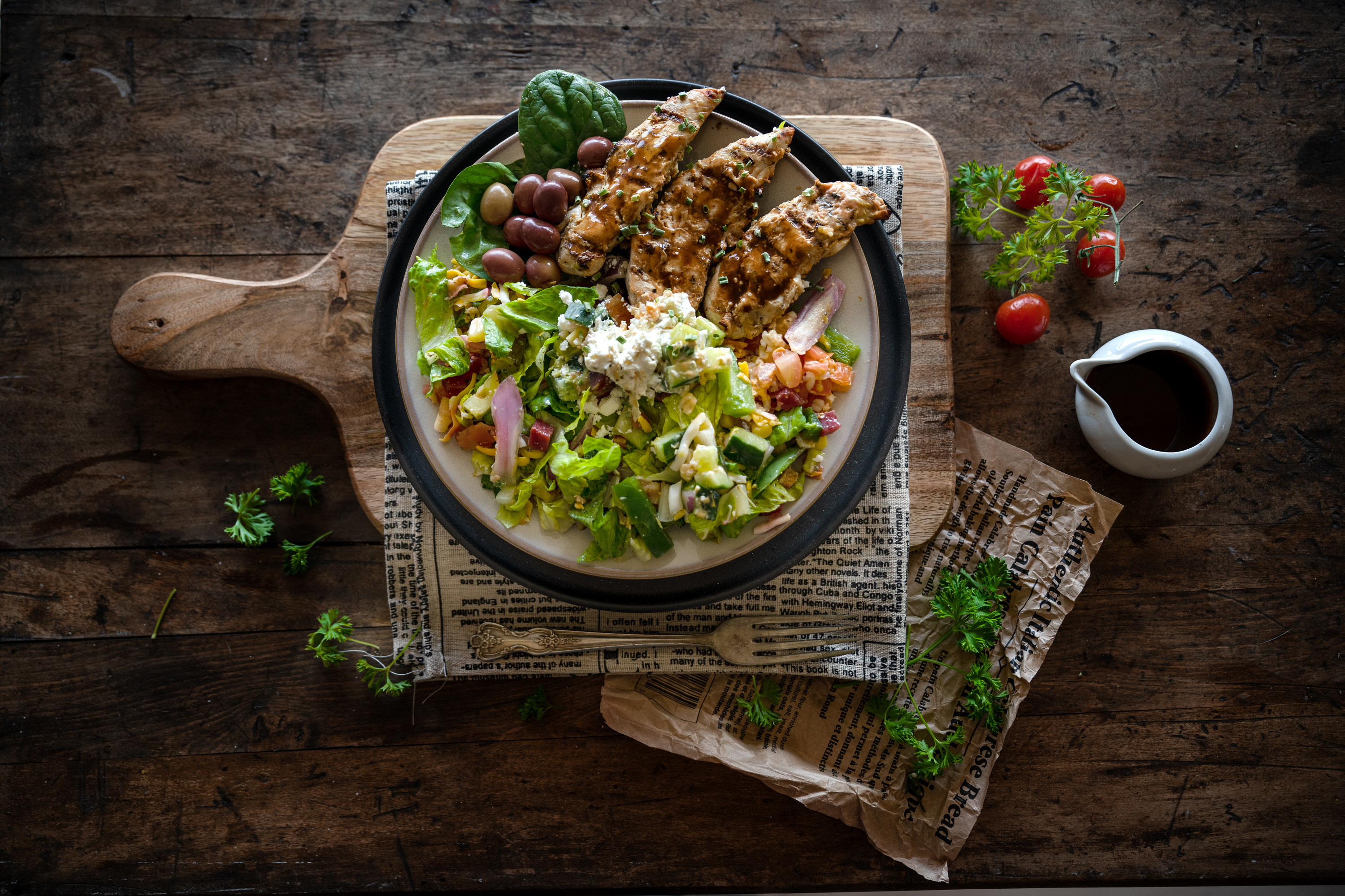 Chicken salad with olives, feta, and onion