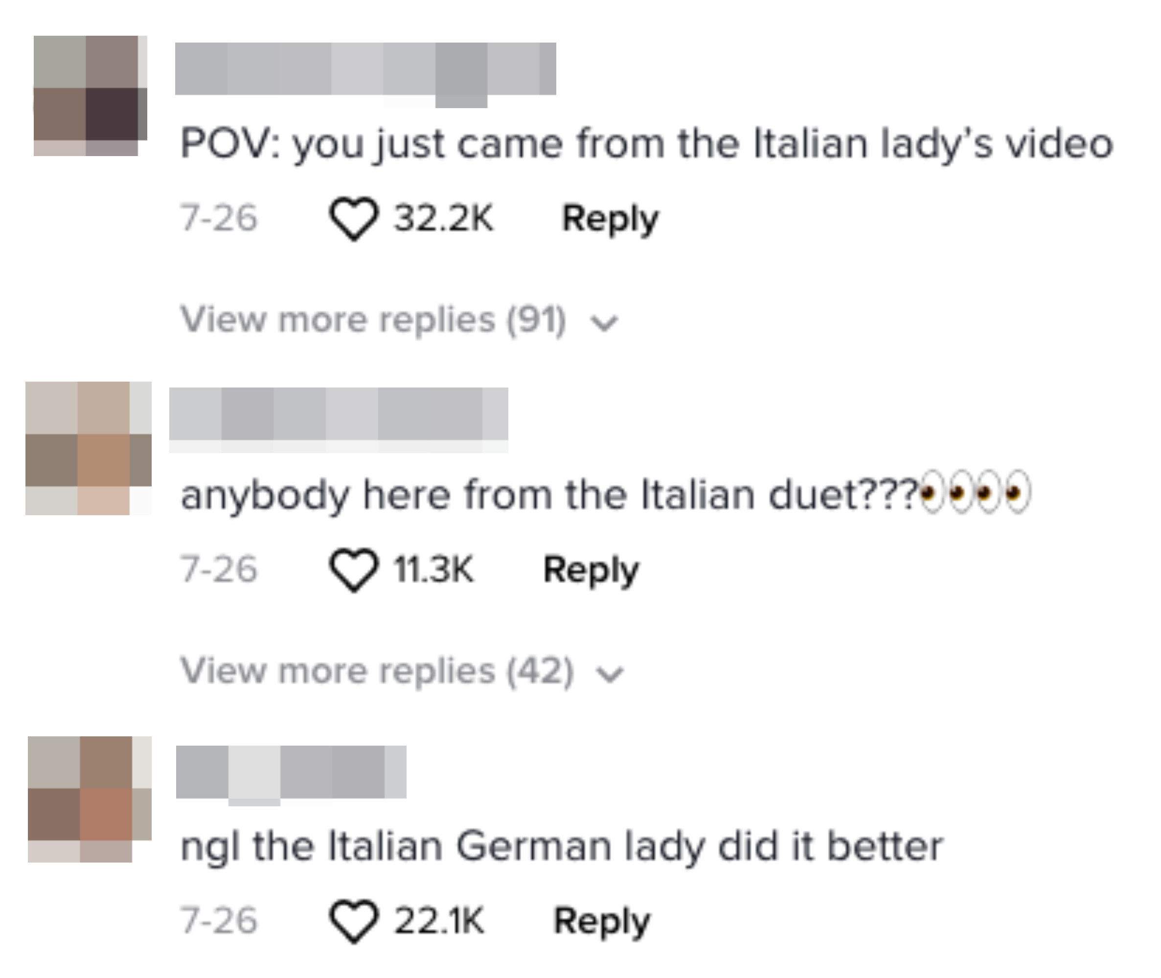 Comments including &quot;ngl the Italian German lady did it better&quot; and &quot;POV: you just came from the Italian lady&#x27;s video&quot;