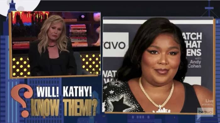 A split screen from Watch What Happens Live, with Kathy looking confused at a photo of Lizzo