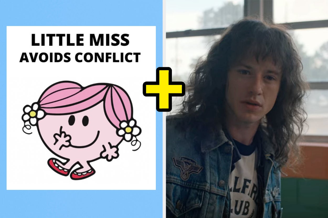 On the left, Little Miss Avoids Conflict, and on the right, Eddie from Stranger Things with a plus sign in the middle