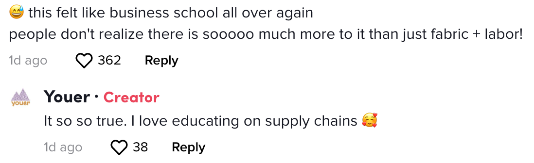 comment saying this felt like business school all over again people don&#x27;t realize there is so much more to it than just fabric plus labor