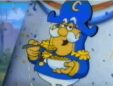 Captain Crunch eating a bowl of Captain Crunch and doing a happy dance