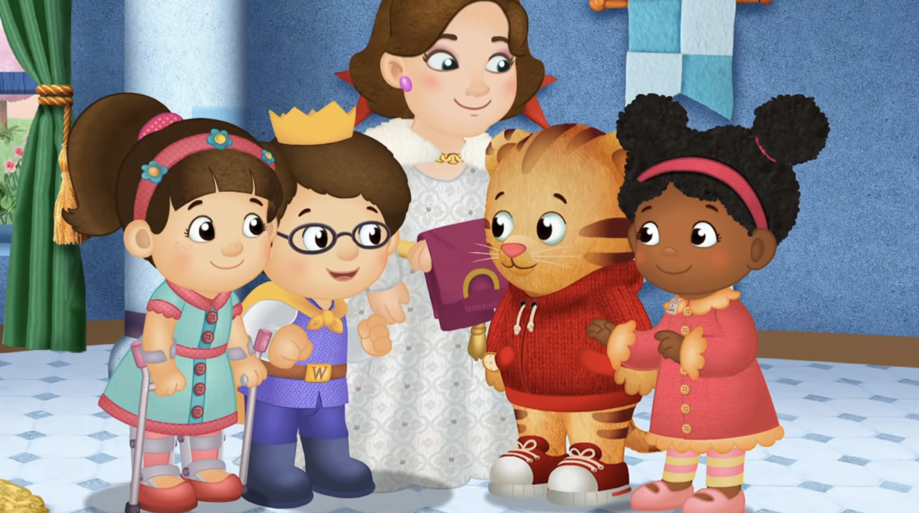 kids surrounding a woman in &quot;Daniel Tiger&#x27;s Neighborhood&quot;