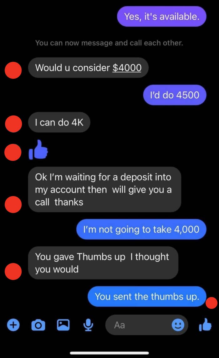 Person texts a thumbs-up emoji and thinks the other person has sent the emoji and accepted their payment offer of $4K