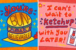 Split frame of pun cards reading "You're bun-believable" and "I can't wait to ketchup with you later"