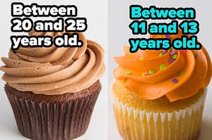 Two cupcakes are shown, labeled, "between 20 and 25" and "between 11 and 13"
