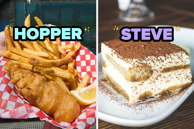 On the left, some fish and chips in a basket labeled Hopper, and on the right, a slice of tiramisu labeled Steve