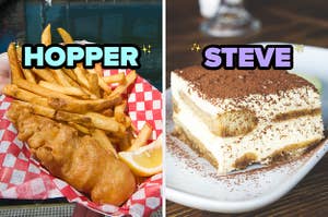 On the left, some fish and chips in a basket labeled Hopper, and on the right, a slice of tiramisu labeled Steve