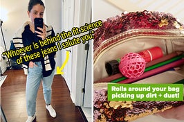 L: buzzfeed editor wearing a pair of high-rise jeans with a quote from a review on the image that says "whoever is behind the fit science of these jeans I salute you" R: pink purse-cleaning sticky ball