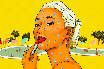 An illustration of a woman applying lipstick nearby a pool with sun umbrellas and palm trees in the background. She is wearing makeup that has not been smeared by the extreme amount of sweat thats on her face and shoulder.