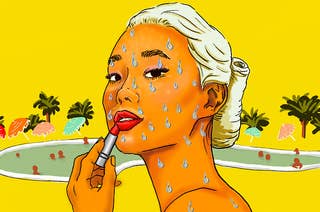 An illustration of a woman applying lipstick nearby a pool with sun umbrellas and palm trees in the background. She is wearing makeup that has not been smeared by the extreme amount of sweat thats on her face and shoulder.
