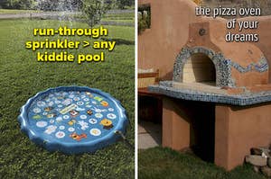 pool shaped sprinkler in a yard, stone pizza oven