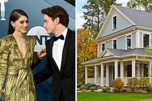 On the left, Natalia Dyer and Charlie Heaton looking into each other's eyes, and on the right, a suburban home with a front porch and fall trees surrounding it