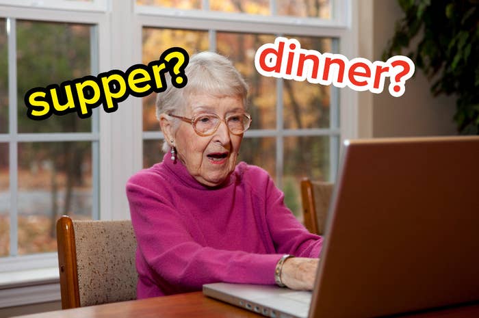 A woman in front of a computer with words &quot;supper?&quot; and &quot;dinner?&quot; above her head