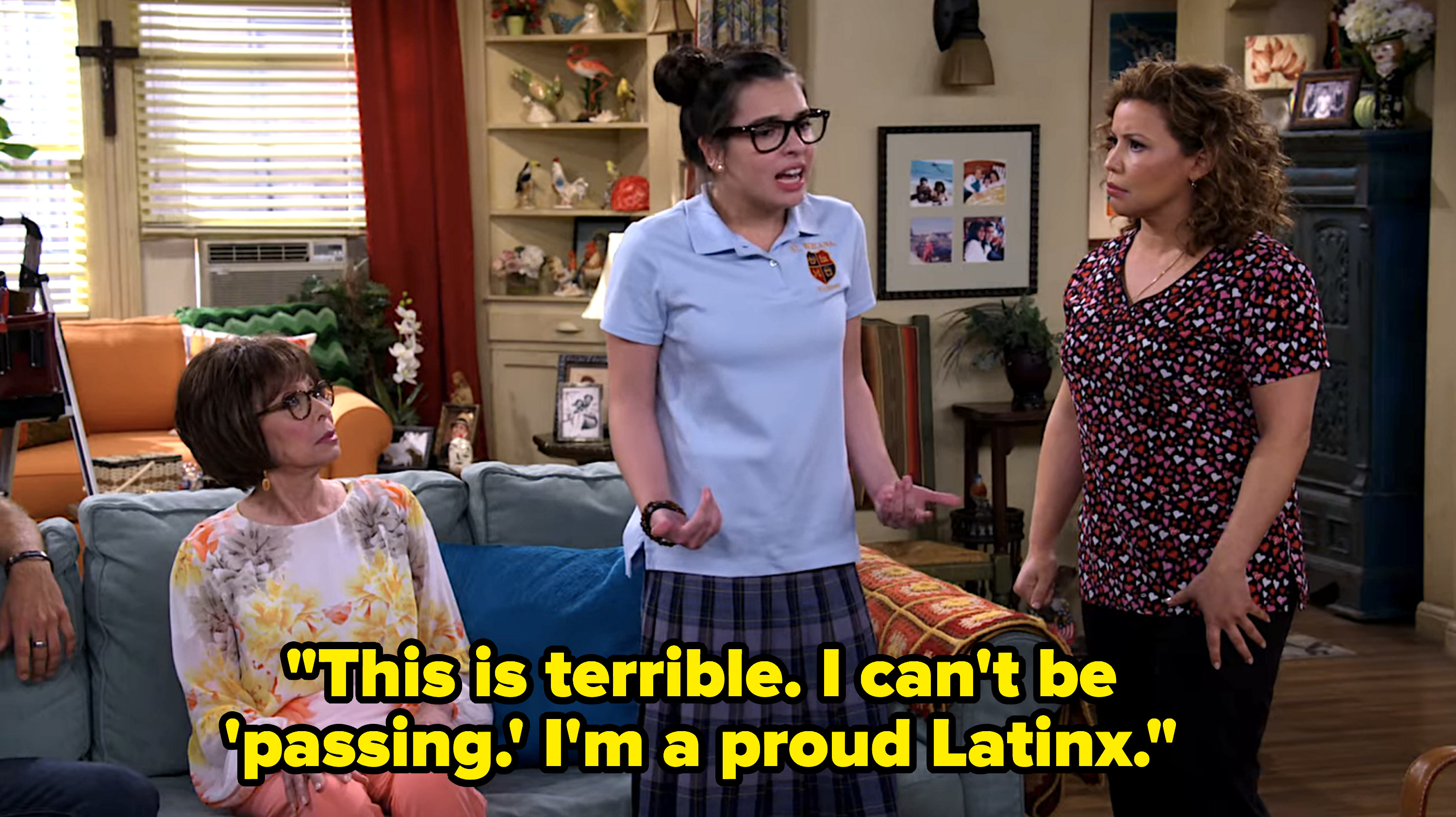 Elena saying to two women, &quot;This is terrible; I can&#x27;t be &#x27;passing&#x27;; I&#x27;m a pround Latinx&quot;