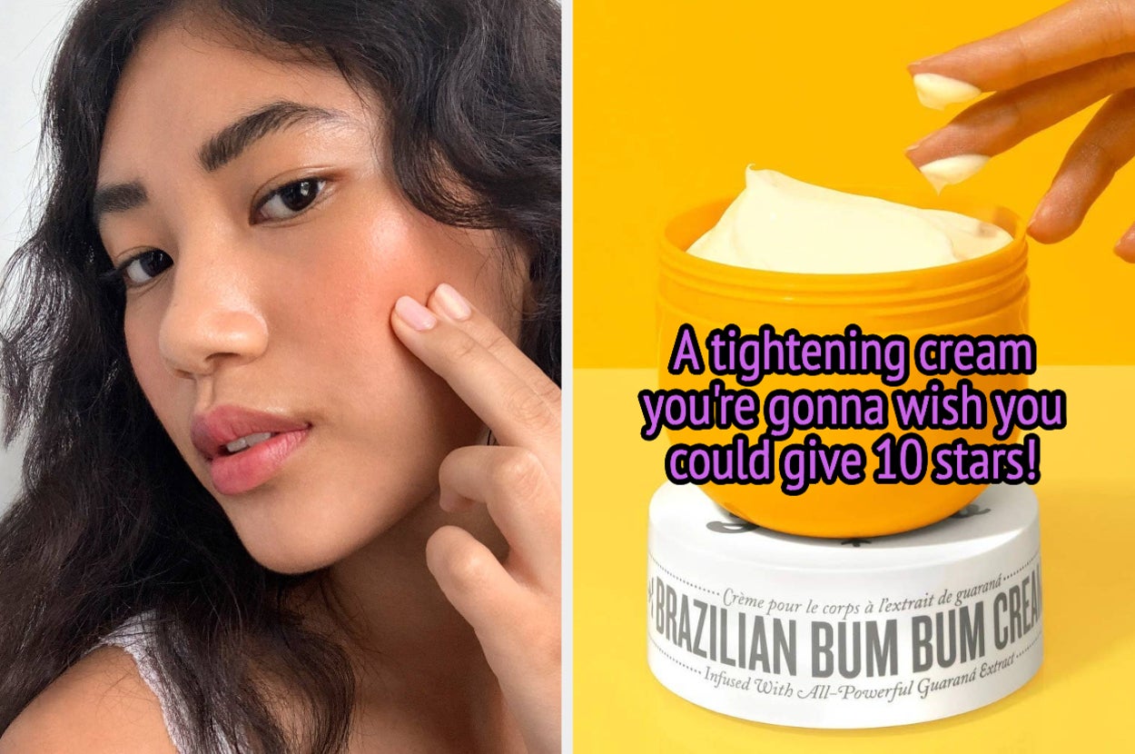 L: model applying coral-colored cream blush to their cheeks with two fingers R: sol de janeiro bumbum cream