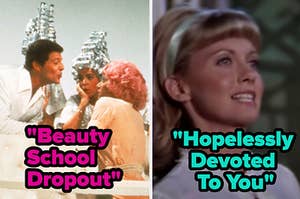 "Beauty School Dropout" is on the left with a scene from "Hopelessly Devoted to you" on the right