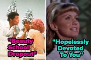 "Beauty School Dropout" is on the left with a scene from "Hopelessly Devoted to you" on the right