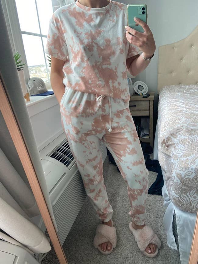 Front view of a reviewer wearing the loungewear set