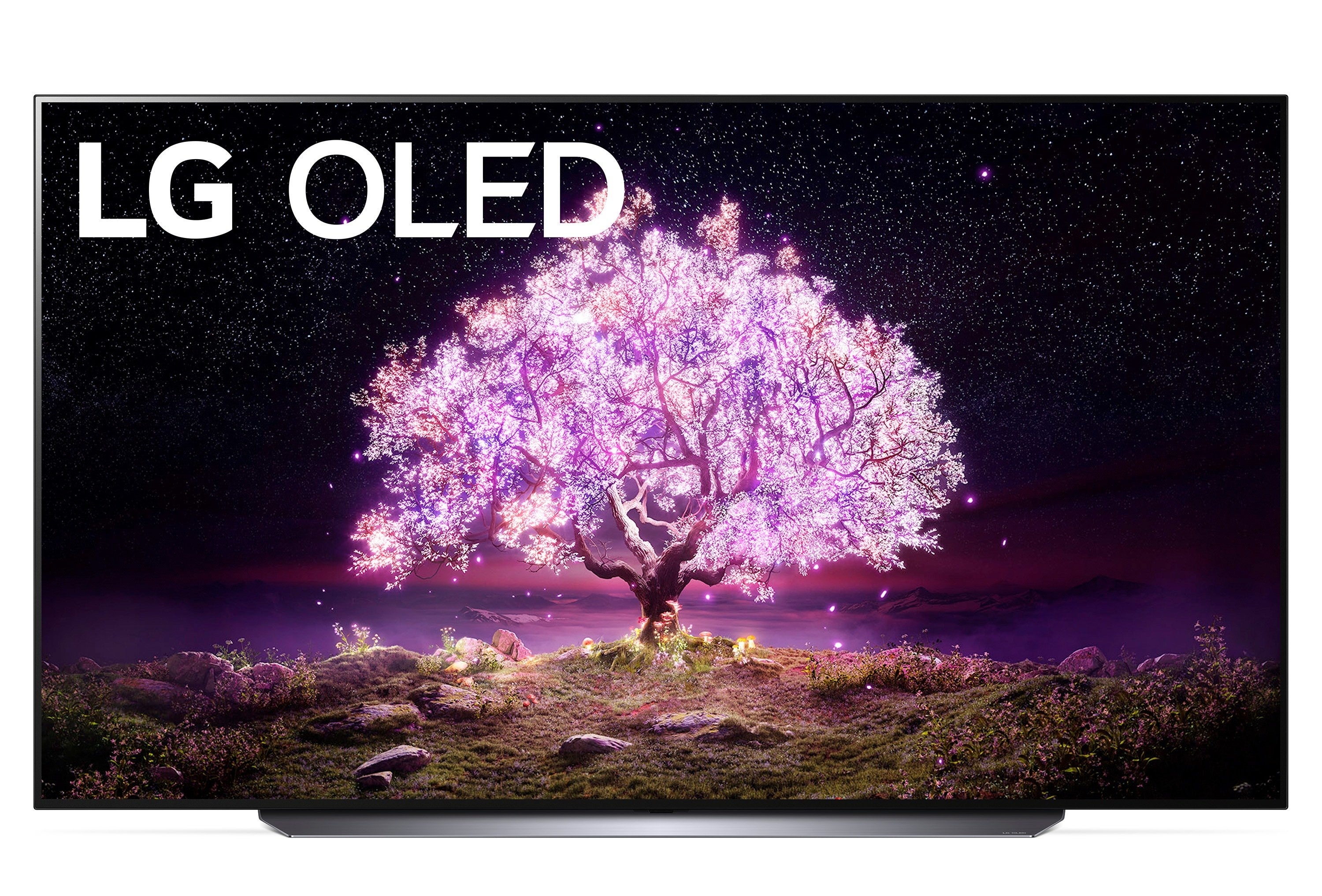 the TV with a colorful tree on the screen