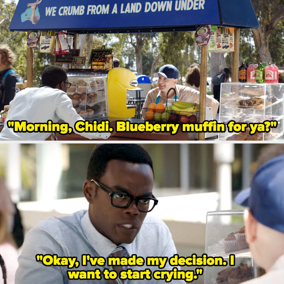 Chidi choosing a muffin