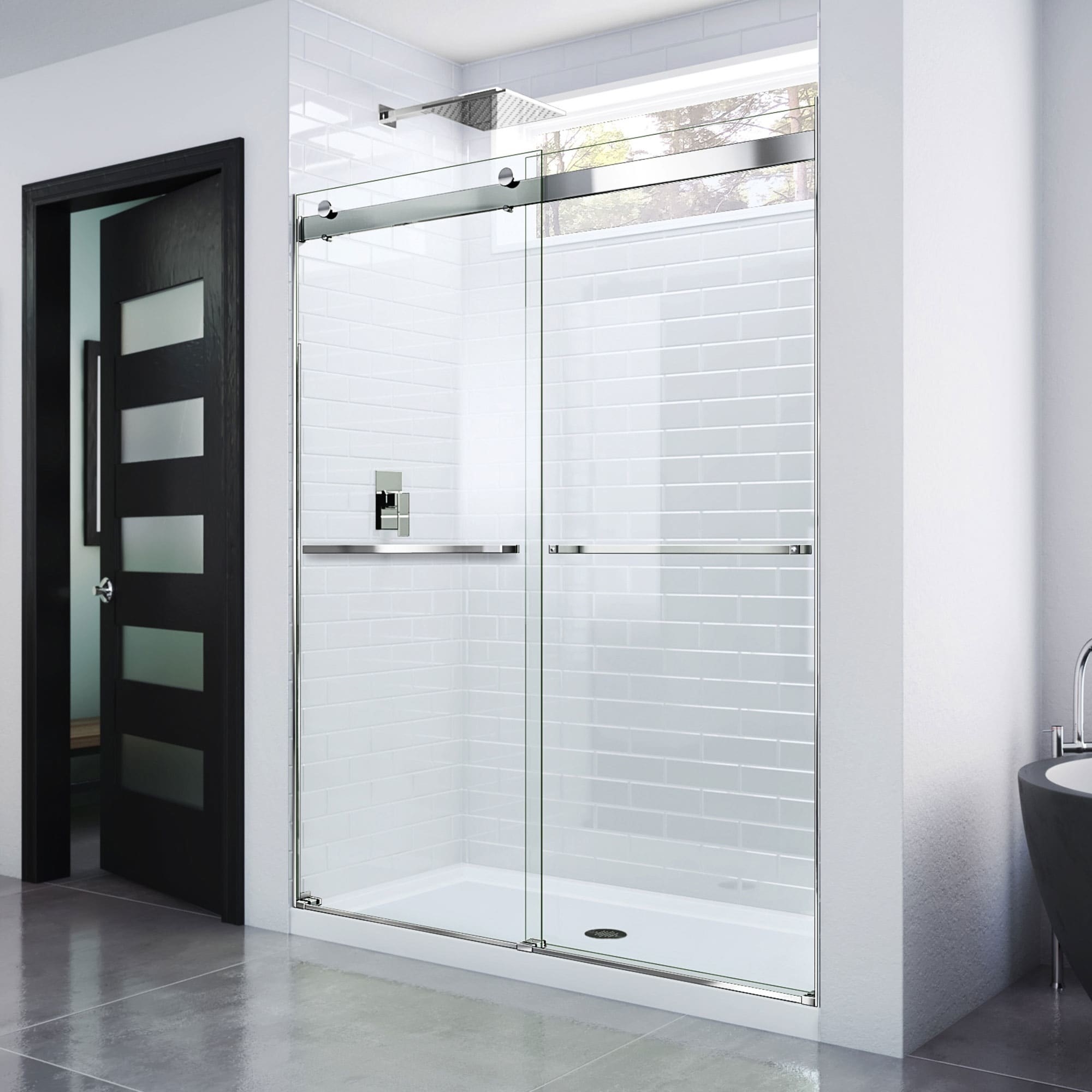 the glass shower door in a silver chrome finish