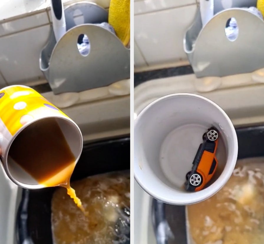 a toy car in someone&#x27;s coffee
