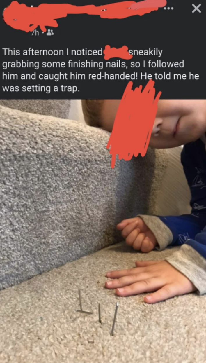 kid putting nails in the carpet