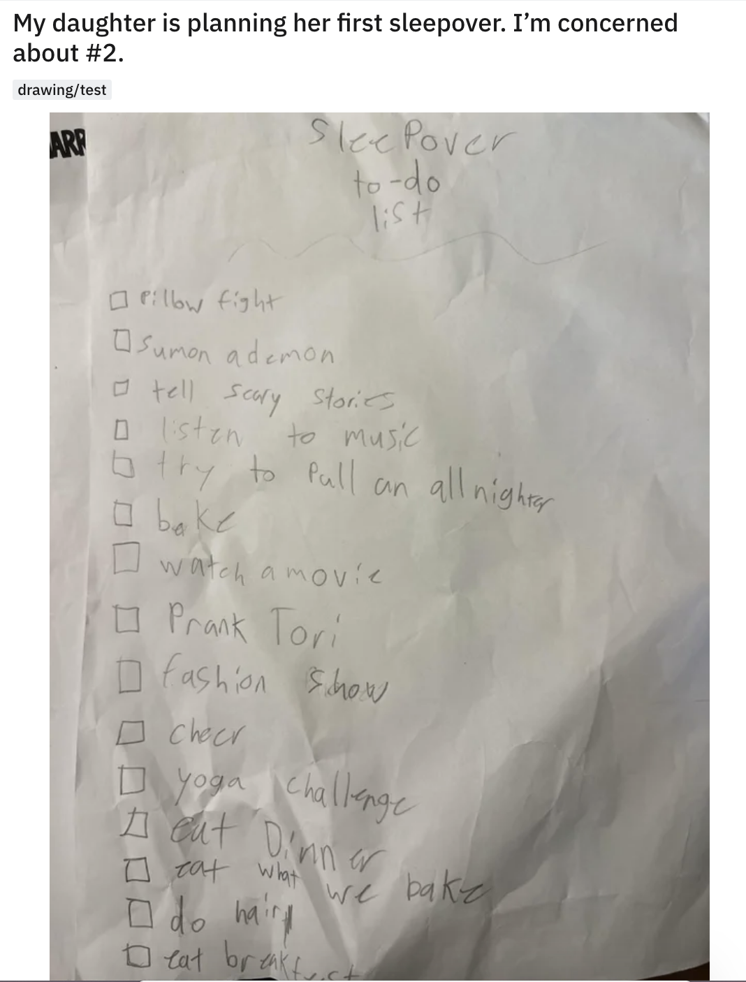 to-do list written by a kid