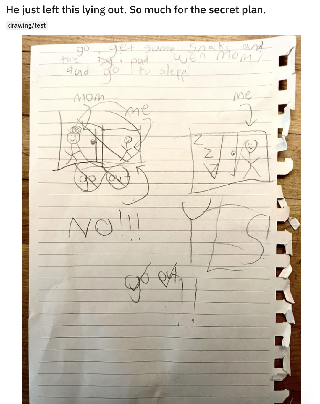 kid&#x27;s drawing of a plan of getting their iPad out when the parents are sleeping