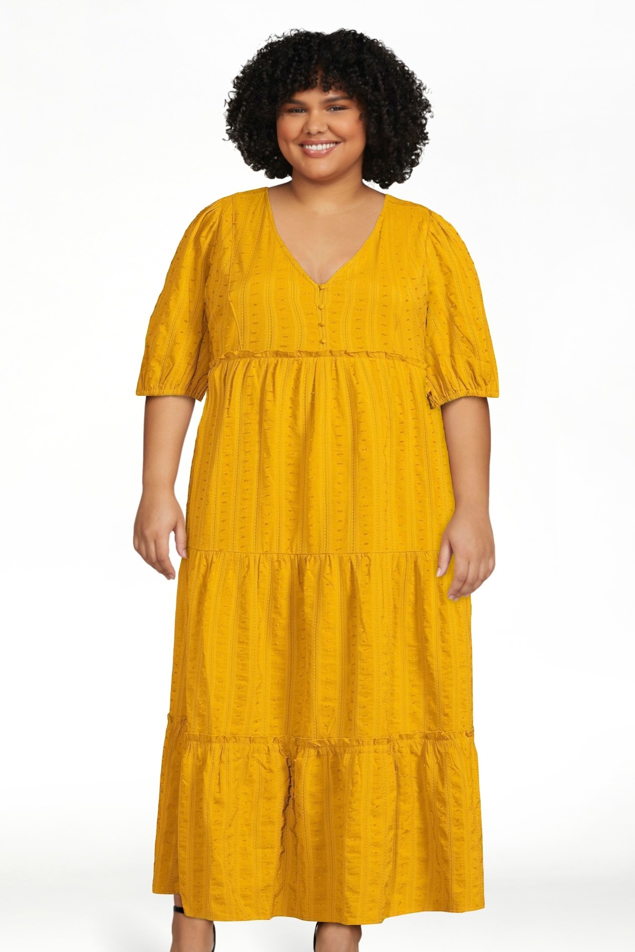 Model wearing yellow dress
