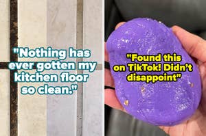 a reviewer's before and after of dirty and then clean grout; a reviewer holding purple cleaning putty