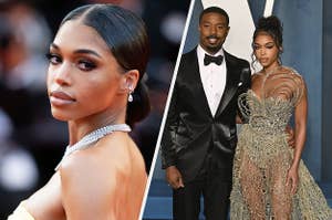Lori Harvey appears in a strapless yellow dress with silver jewelry. She also appears in a gold gown while standing next to Michael B. Jordan, who has on a black tuxedo.