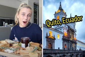 On the left, Emma Chamberlain sitting in front of a board filled with various cheeses, fruits, and crackers, and on the right, a church at dusk labeled Quito, Ecuador